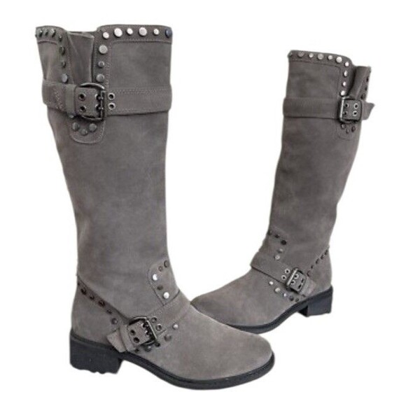 Sam Edelman Suede Studded Moto Knee High Boots Women's Biker Pull On 7.5 Grey - Picture 1 of 12